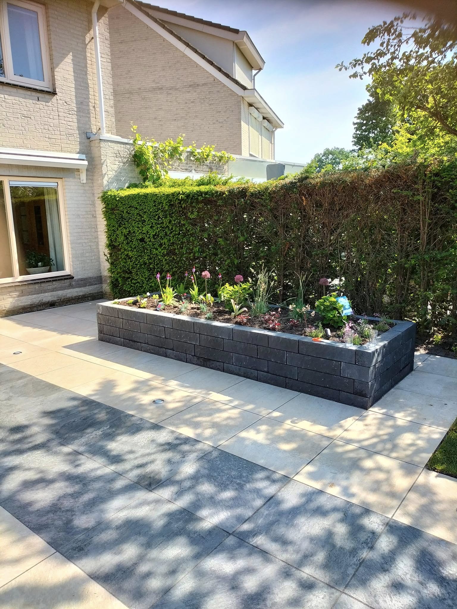 Strak geschoren haag en een beplante plantenbak bij een woning